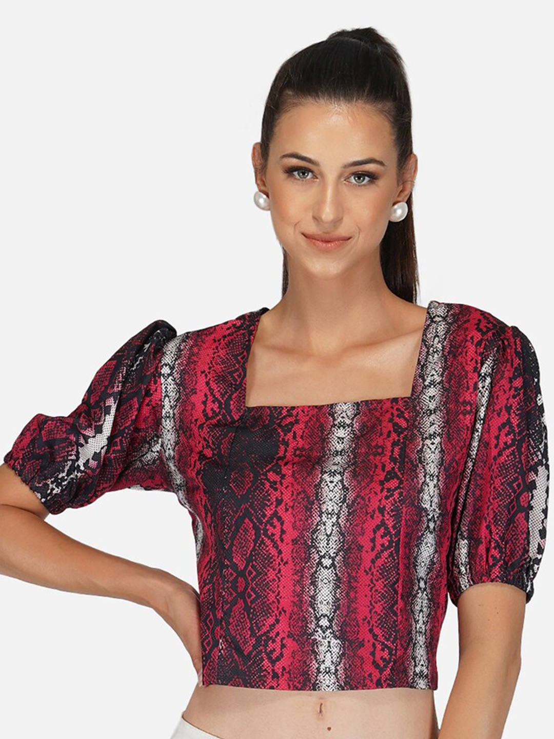 

BELAVINE Animal Printed Square Neck Puff Sleeve Top, Red