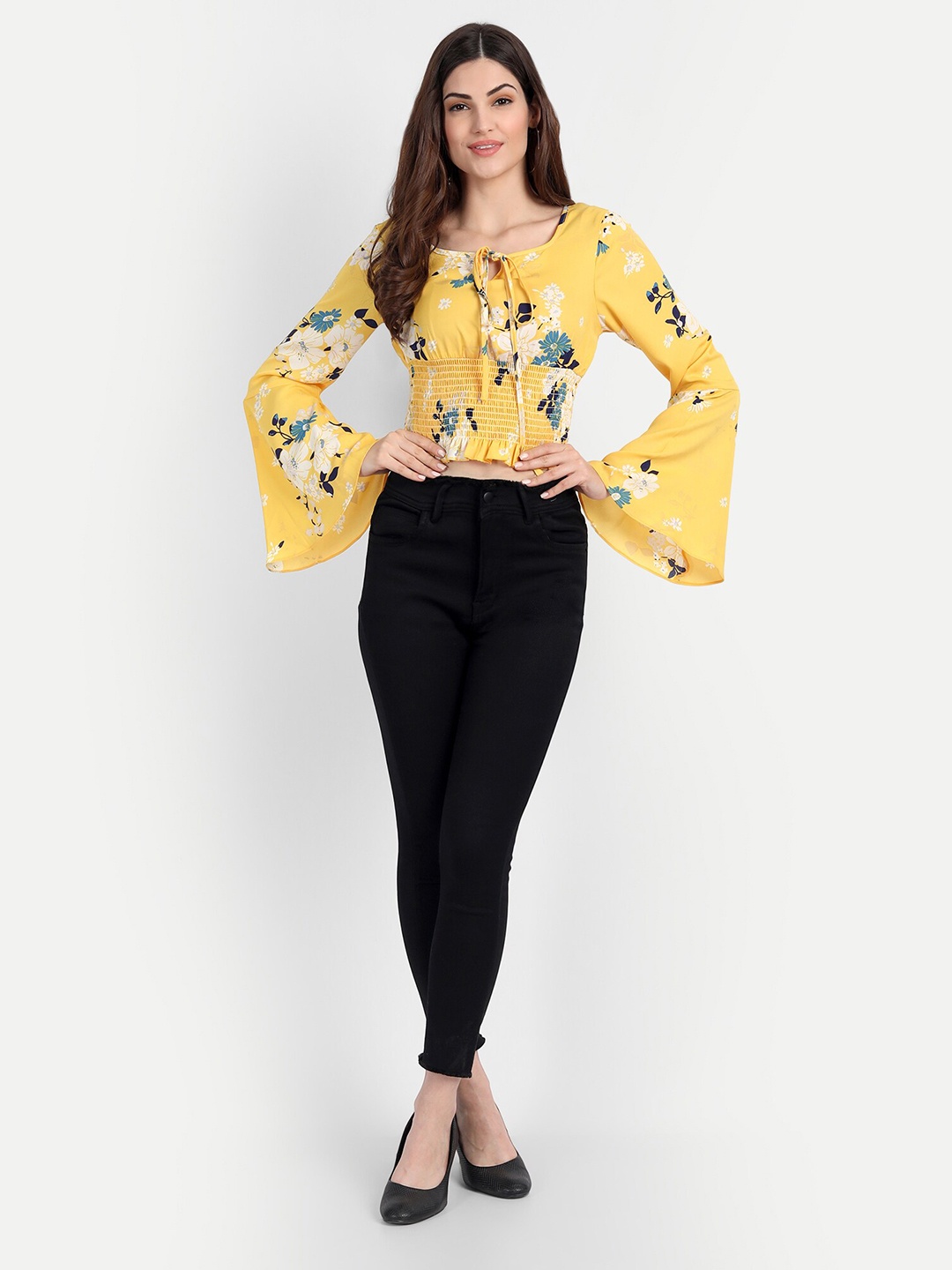 

BELAVINE Floral Printed Tie-Up Neck Bell Sleeve Crop Top, Yellow
