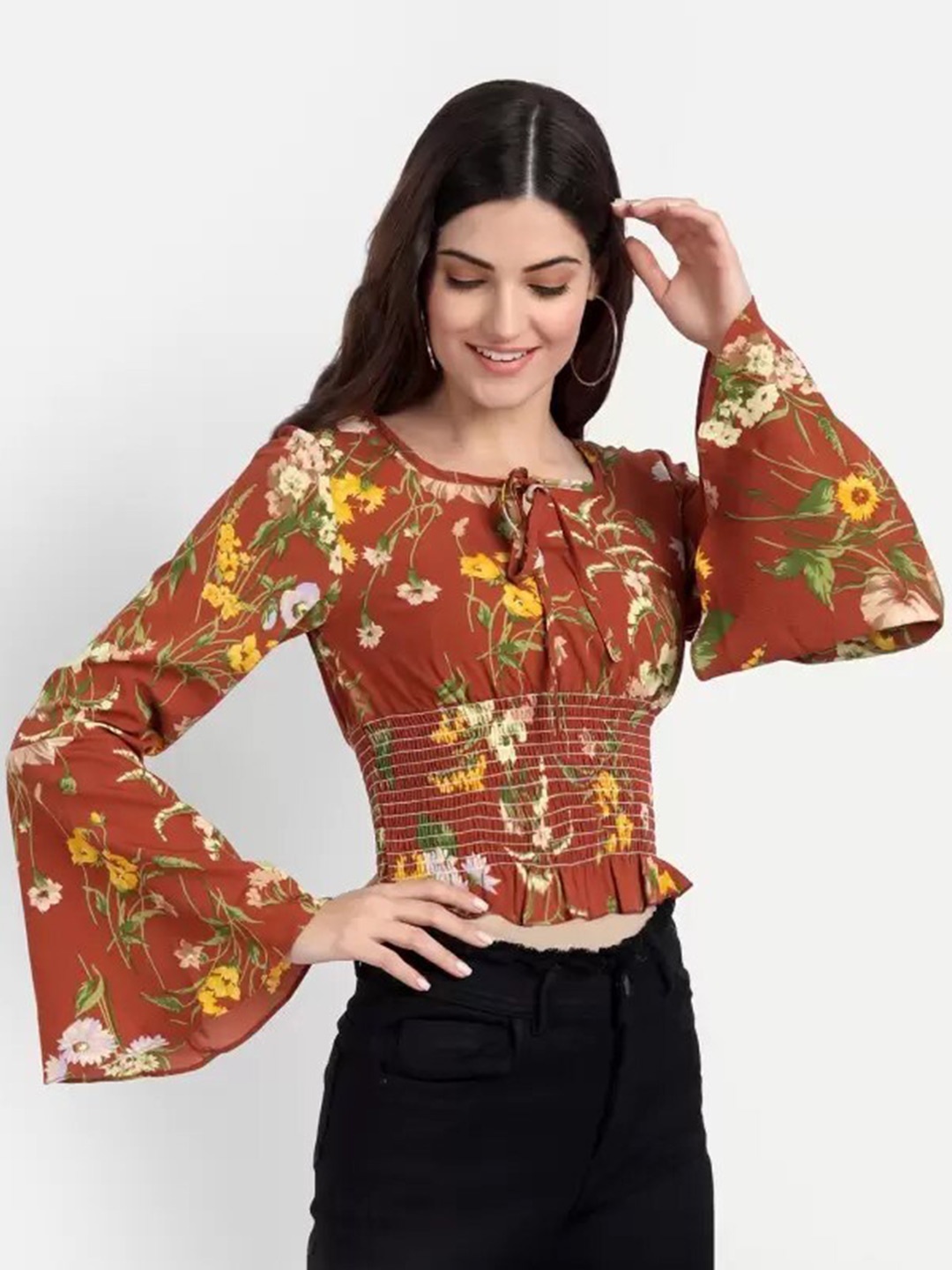 

BELAVINE Floral Printed Tie-Up Neck Bell Sleeves Top, Brown