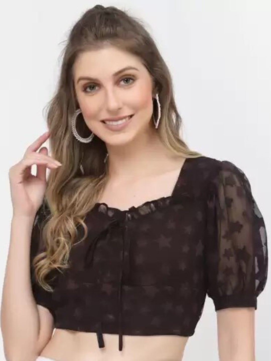

BELAVINE Self Design Sweetheart Neck Puff Sleeve Crop Top, Coffee brown