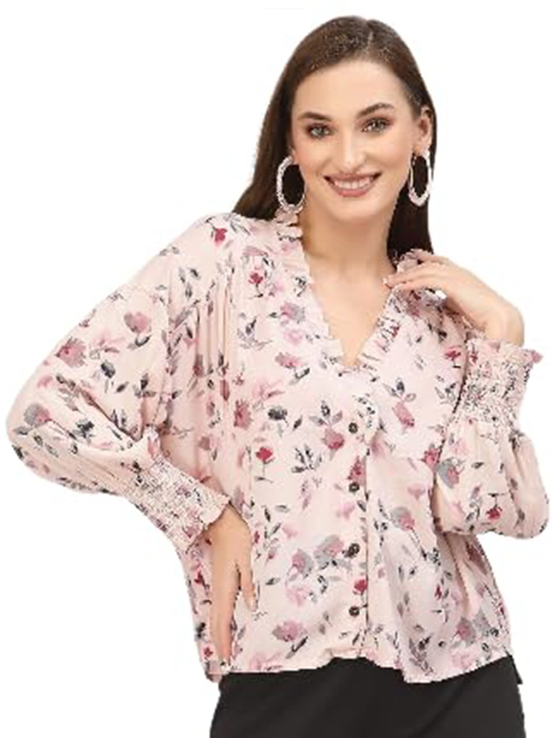 

BELAVINE Floral Printed Puff Sleeves Ruffles Top, Pink