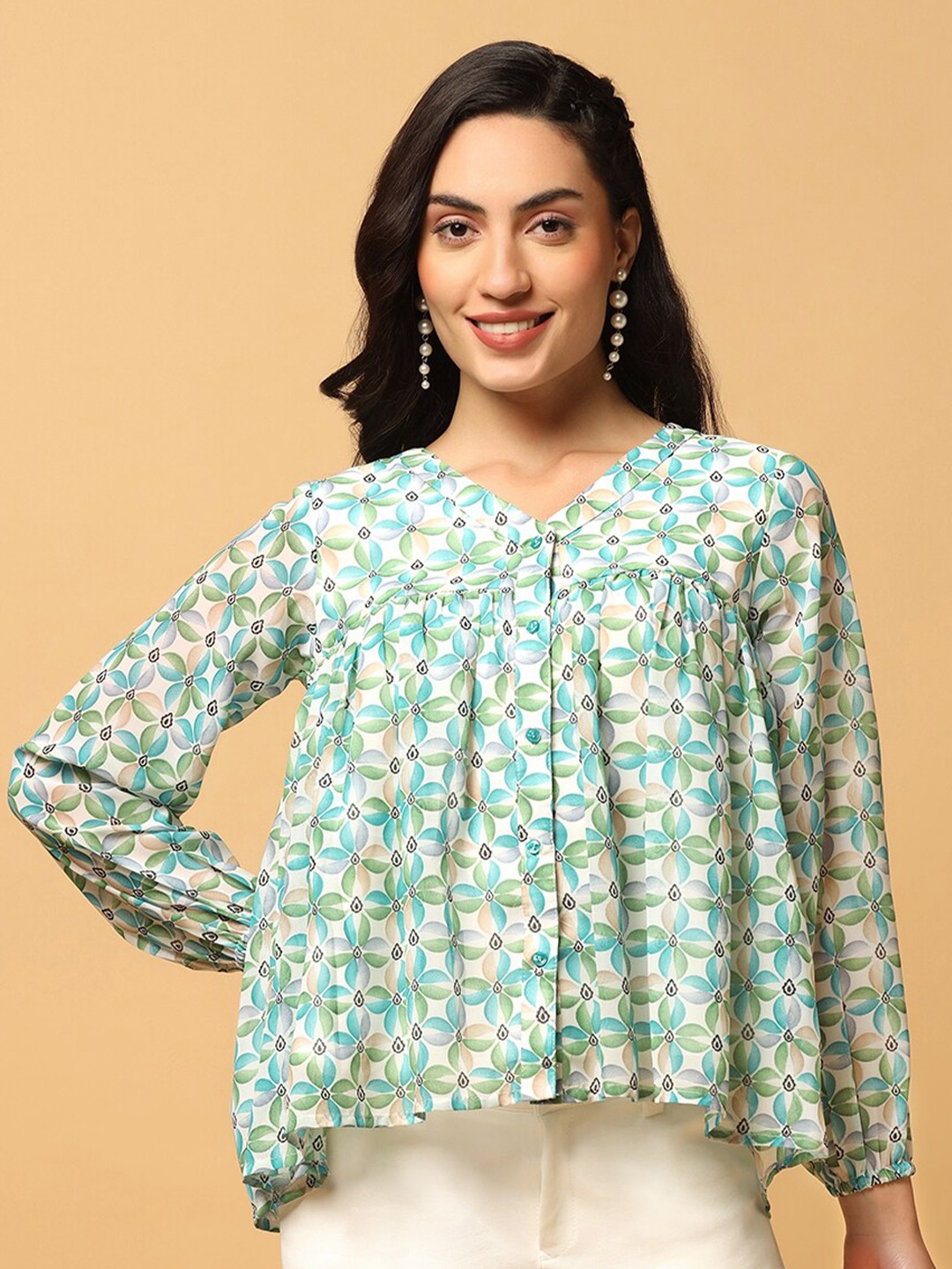 FASHION DREAM Floral Printed V-Neck Georgette Top, Blue