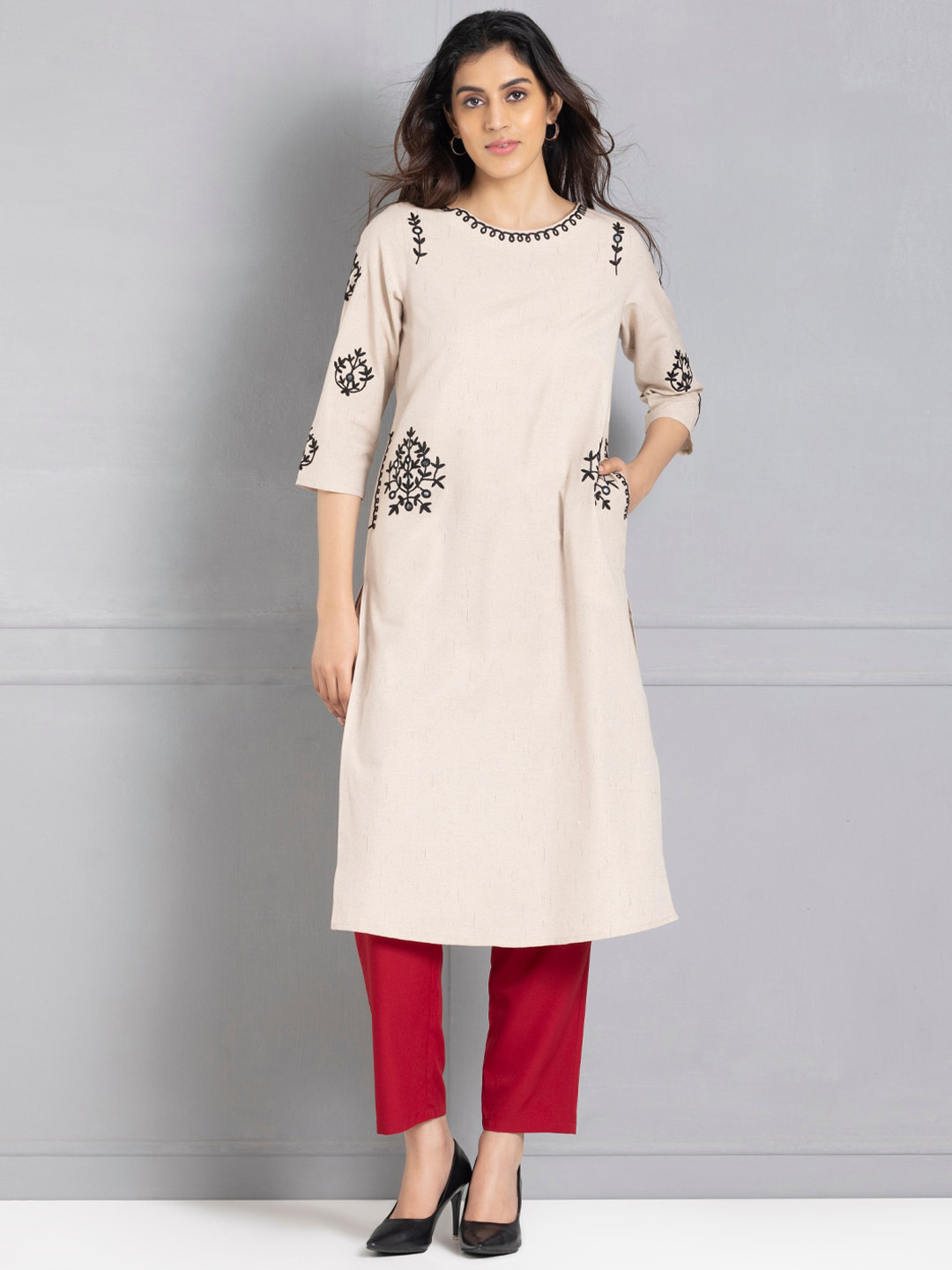 

SHAYE Floral Embroidered Mirror Work Straight Kurta, Beige
