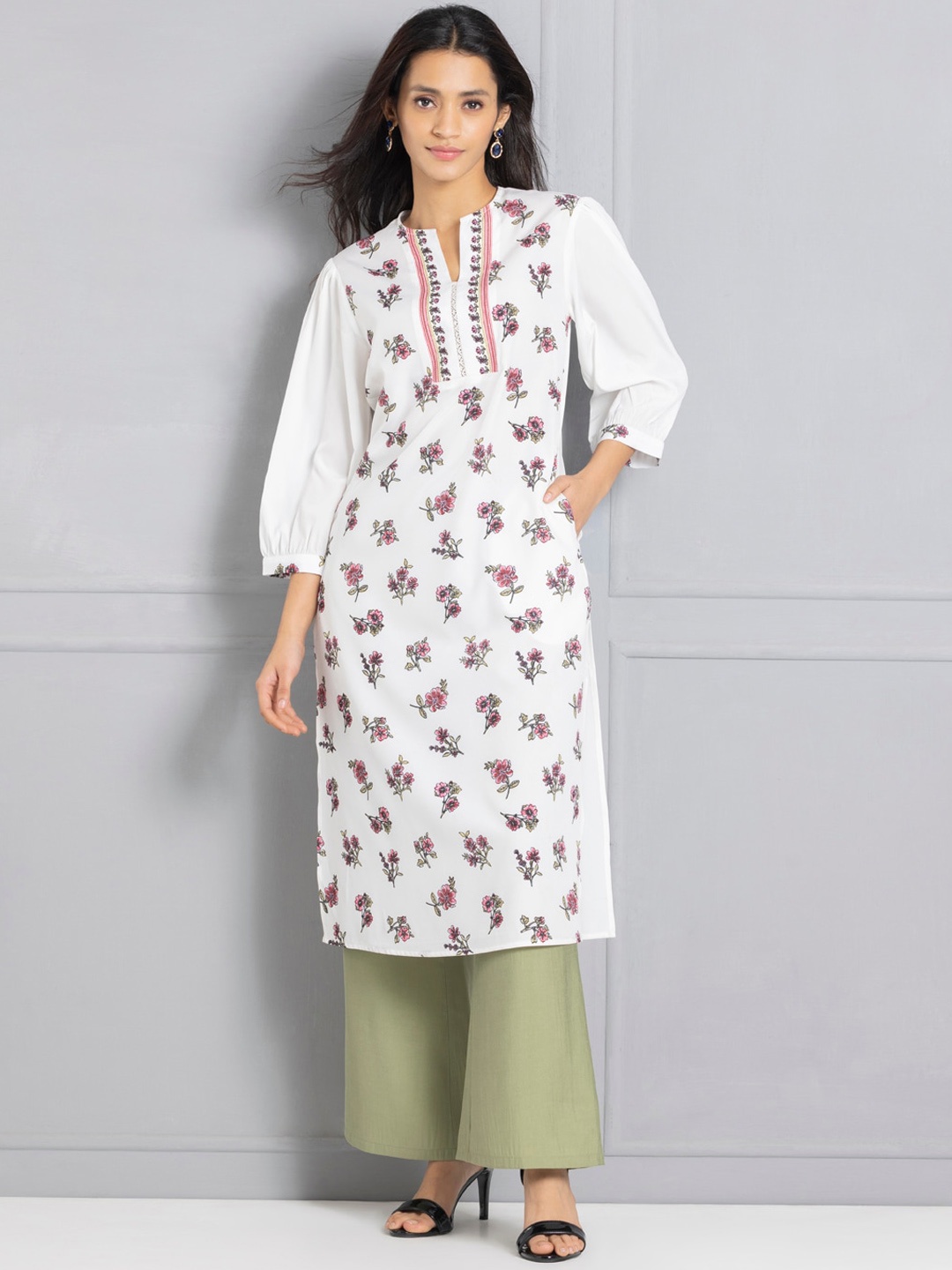 

SHAYE Floral Printed Straight Kurta, White