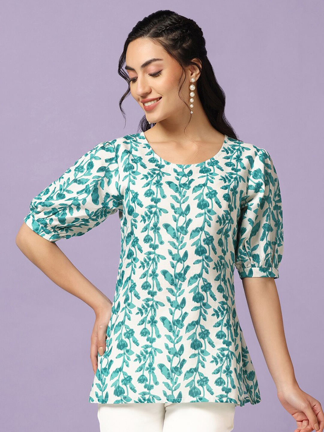 

FASHION DREAM Floral Printed Puff Sleeves Cotton Tunic Top, Green