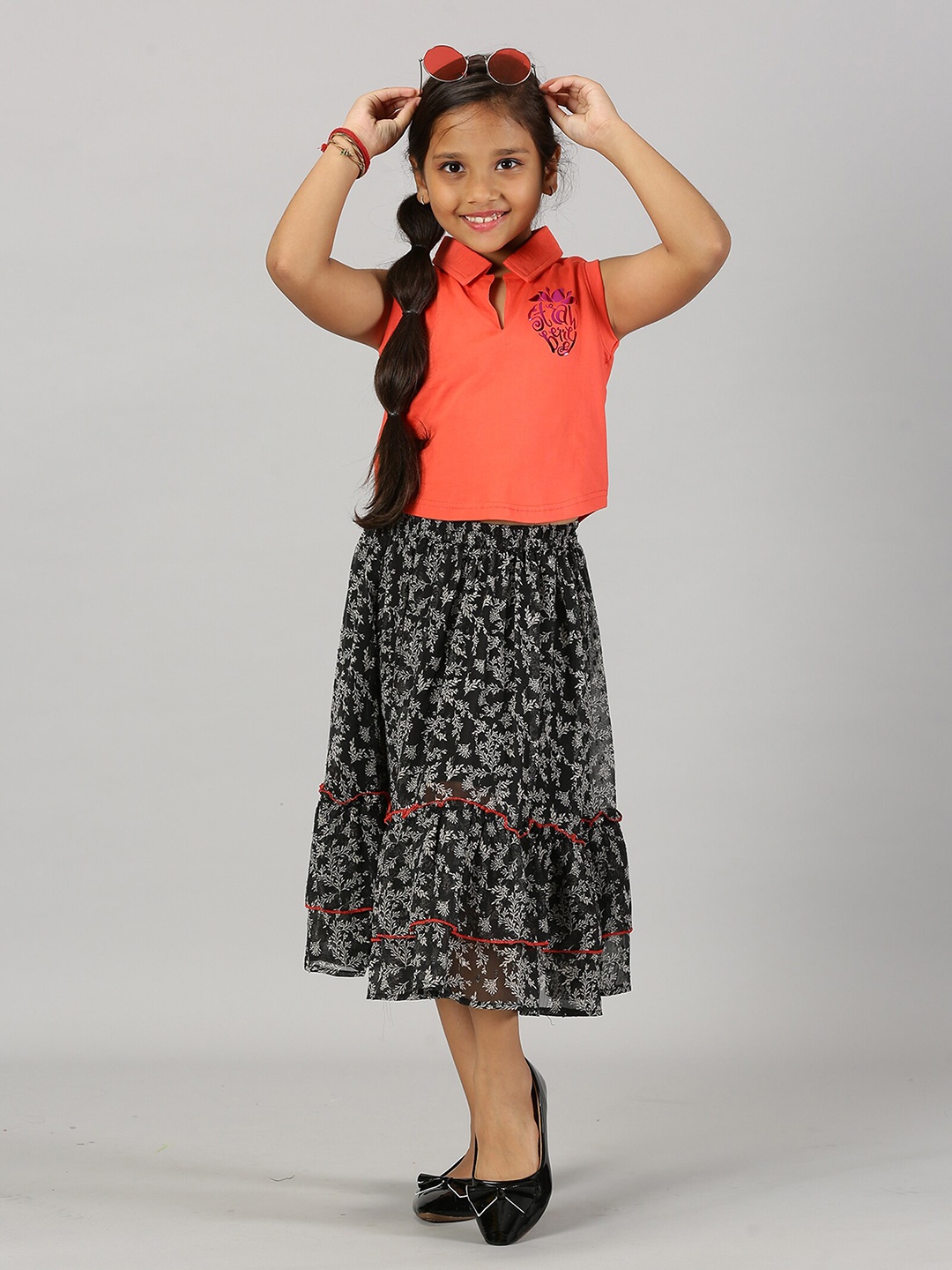 

KiddoPanti Girls Printed Polo Collar Pure Cotton T-shirt with Skirt, Coral