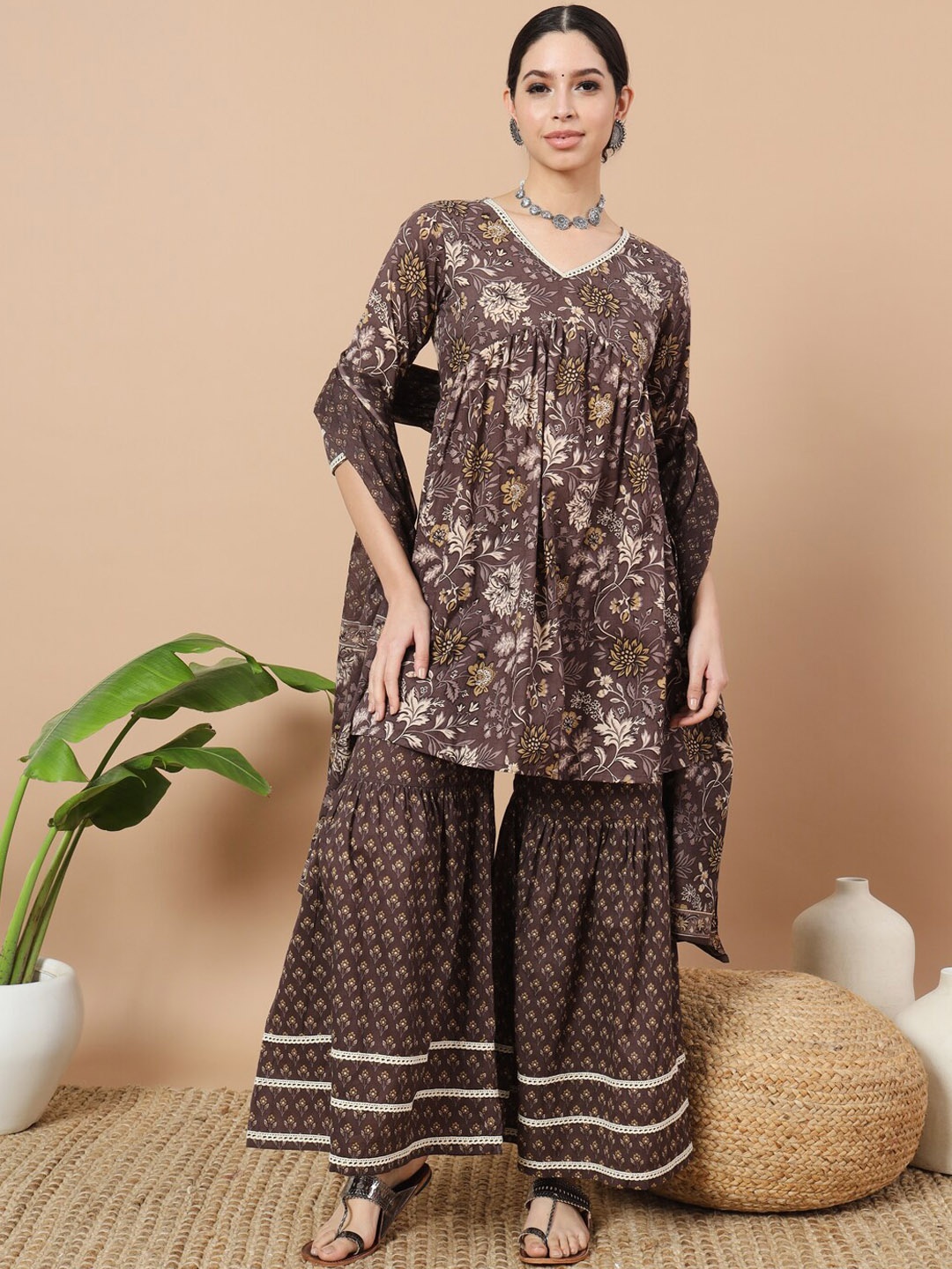 

Yufta Ethnic Motifs Printed Empire Pure Cotton Kurta with Sharara & Dupatta, Brown