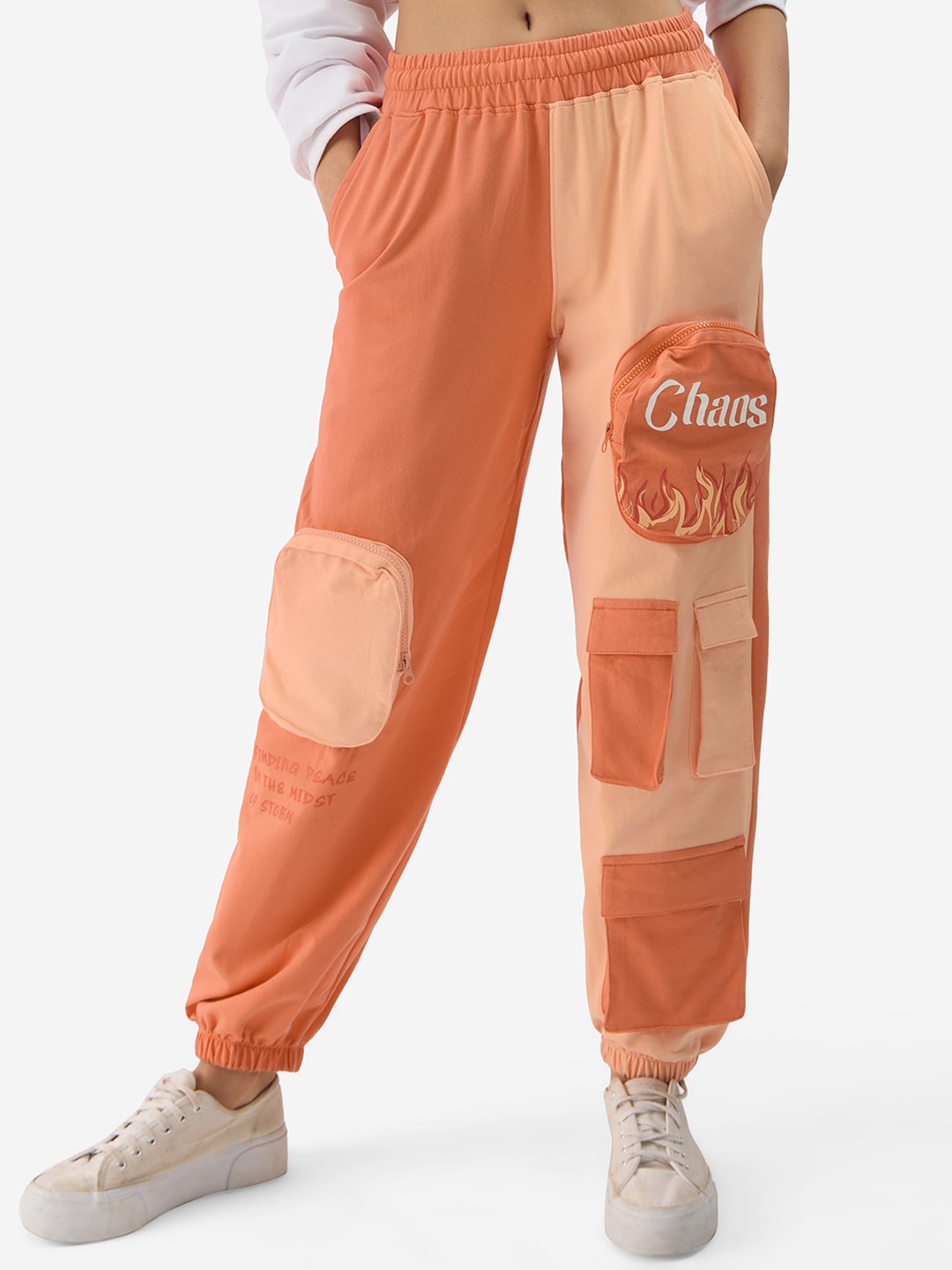 

The Souled Store Women Relaxed Fit Clean Look Printed Pure Cotton Cargo Joggers, Orange