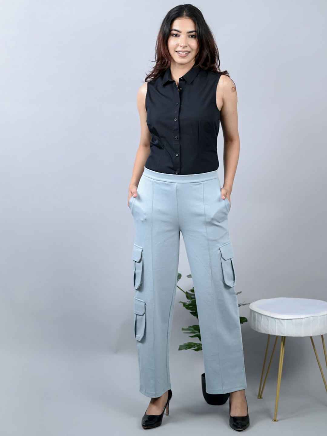 

Mlada Straight Fit Mid Waist Cargo Pants with Pockets, Turquoise blue