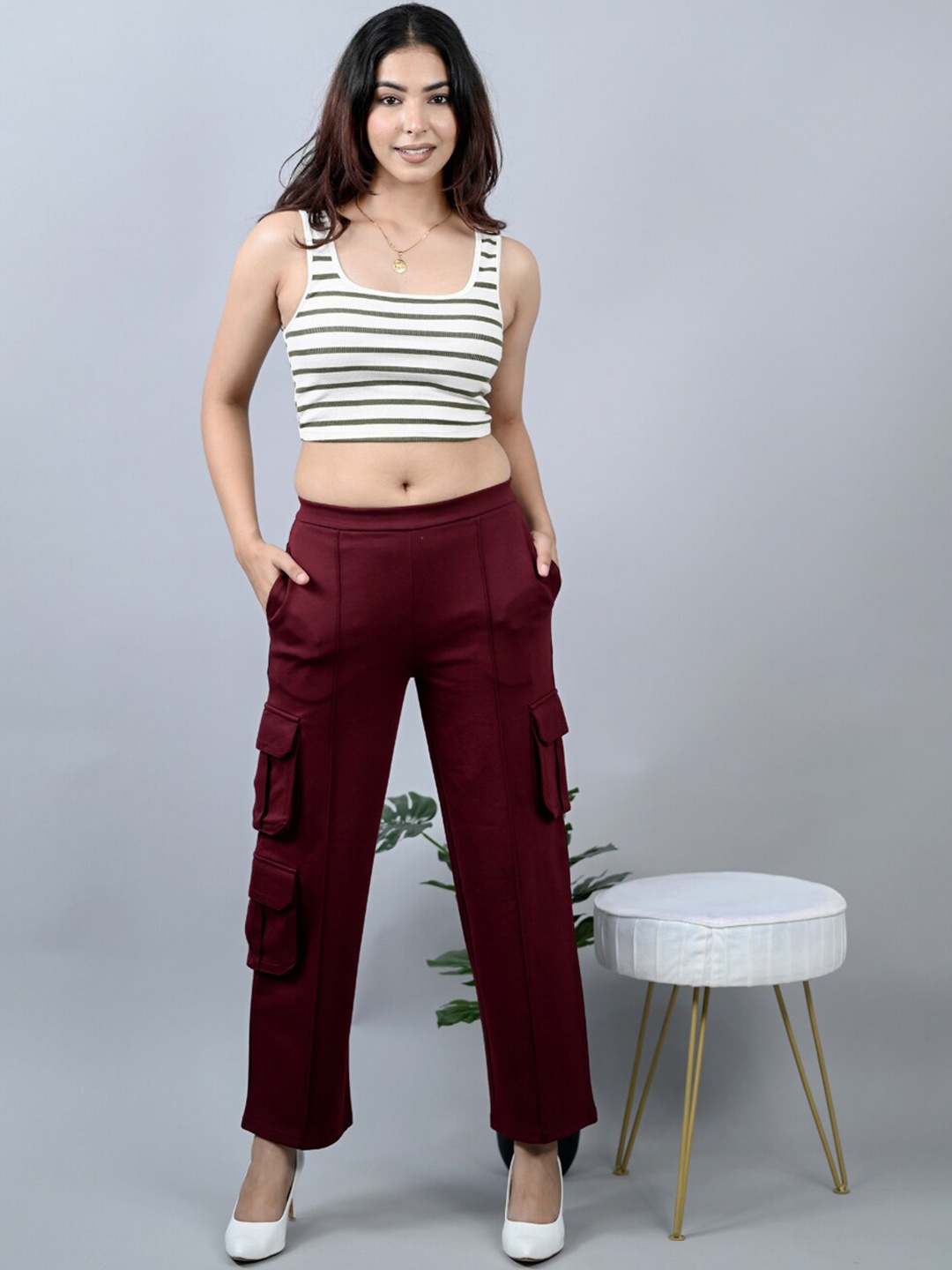 

Mlada Straight Fit Mid Waist Cargo Pants with Pockets, Maroon