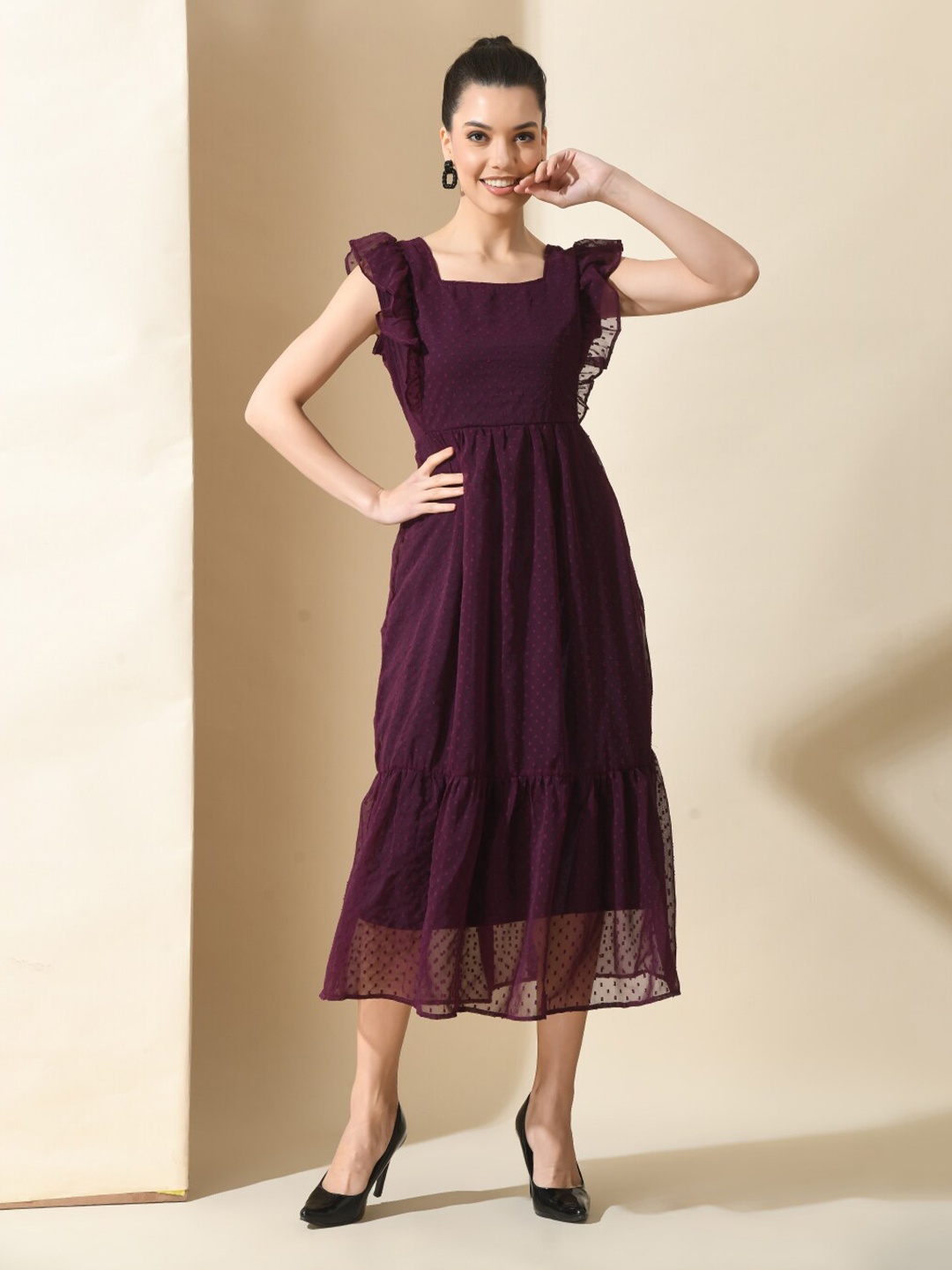 

IUGA Self Design Square Neck Flutter Sleeve Fit & Flare Midi Dress, Purple