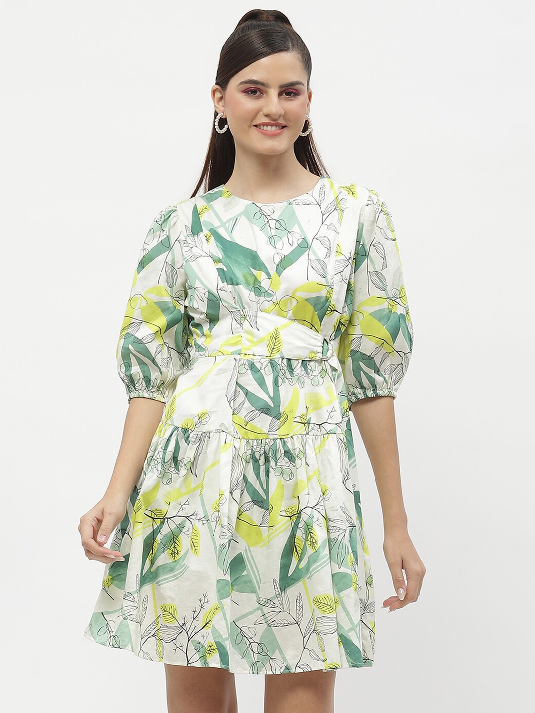 

Madame Tropical Printed Puff Sleeves Fit & Flare Dress, Lime green