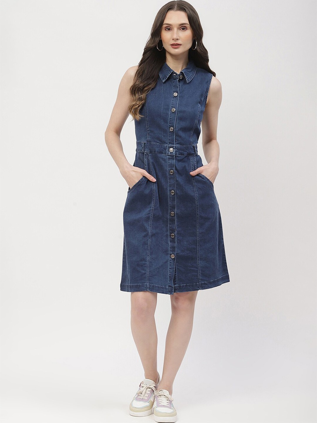 

Madame Shirt Collar Sleeveless Cotton Shirt Dress, Blue