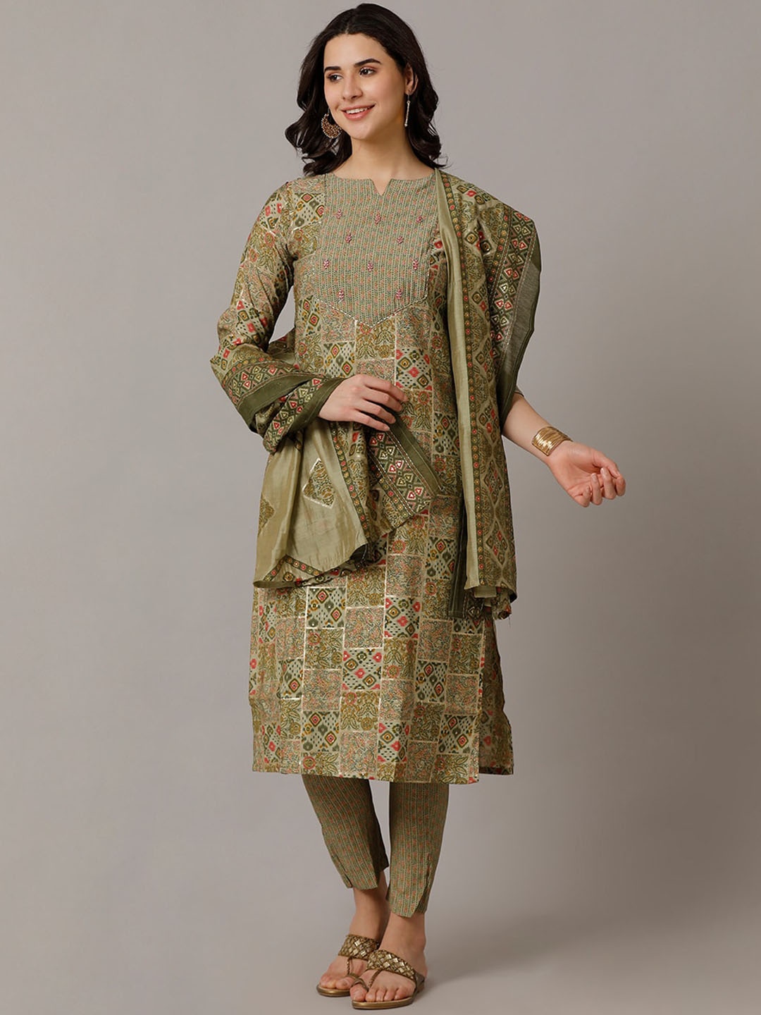 

NAYRA Ethnic Motifs Printed Thread Work Kurta with Trousers & Dupatta, Green