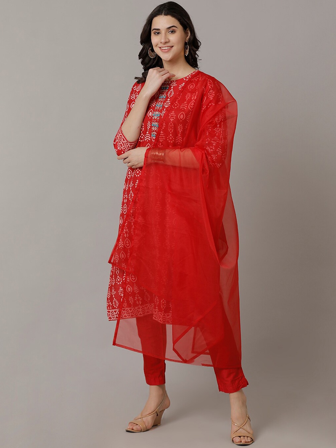 

NAYRA Ethnic Motifs Printed Beads & Stones Regular Kurta With Trousers & Dupatta, Red