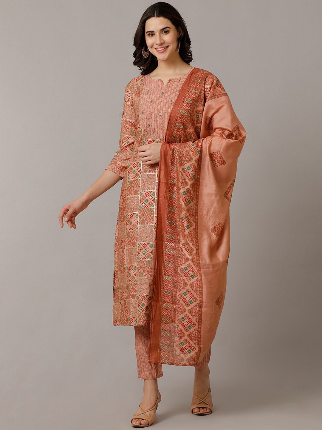 

NAYRA Ethnic Motifs Printed Regular Kurta With Trousers & Dupatta, Peach