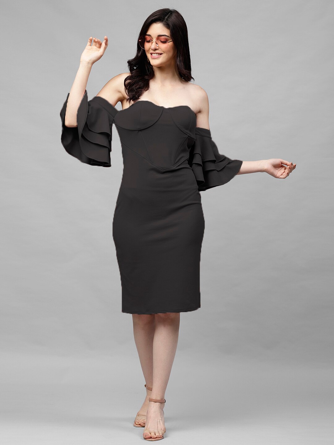 

Athena Black Off-Shoulder Bell Sleeves Sheath Dress