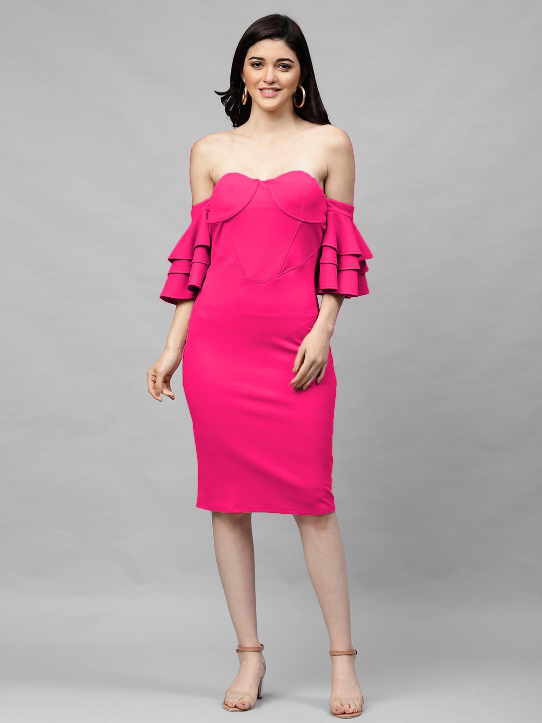 

Athena Pink Off-Shoulder Bell Sleeves Sheath Dress