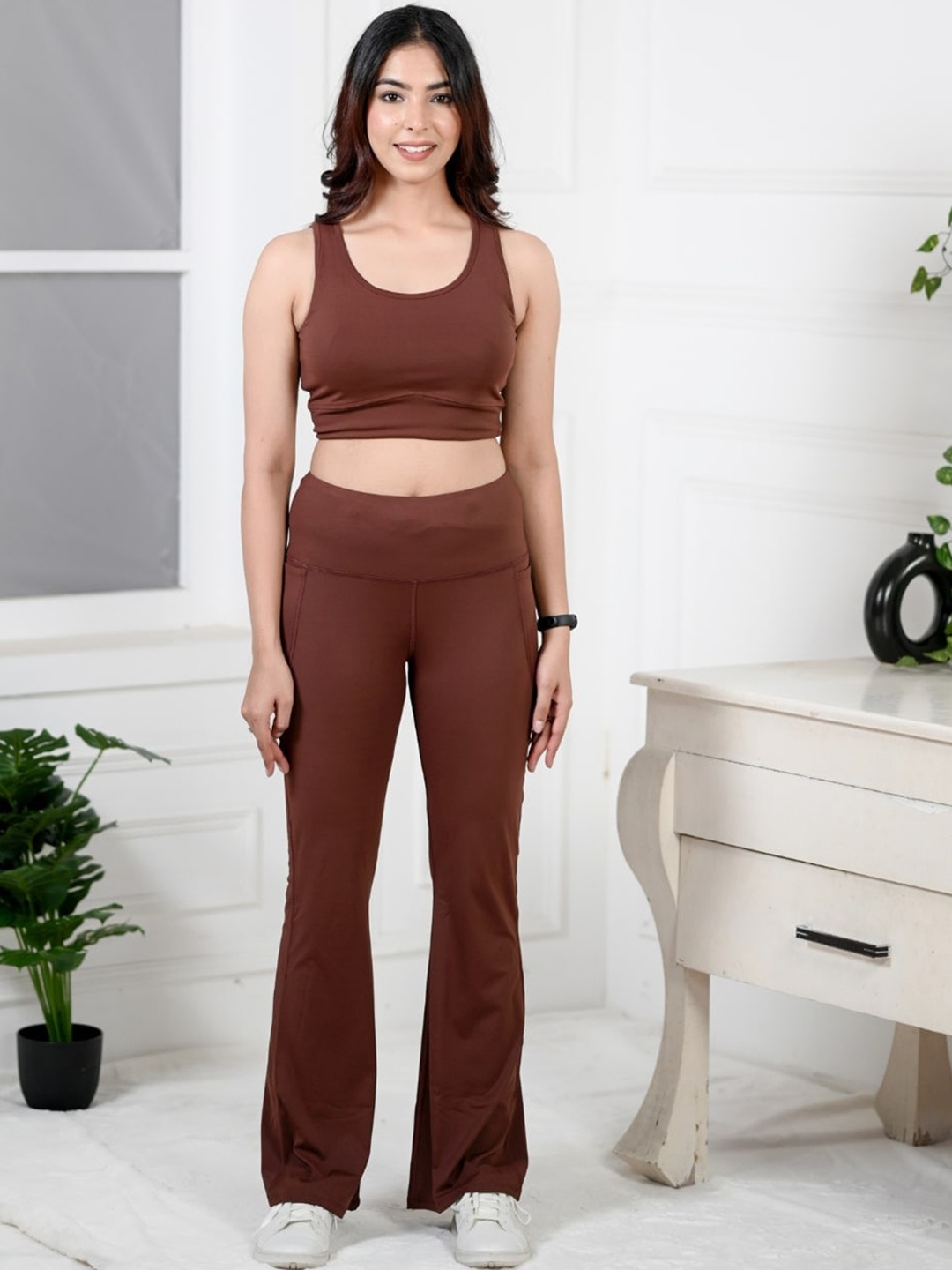 

Mlada Women Flared High-Rise Active Wear Gym Bootcut Trousers, Brown