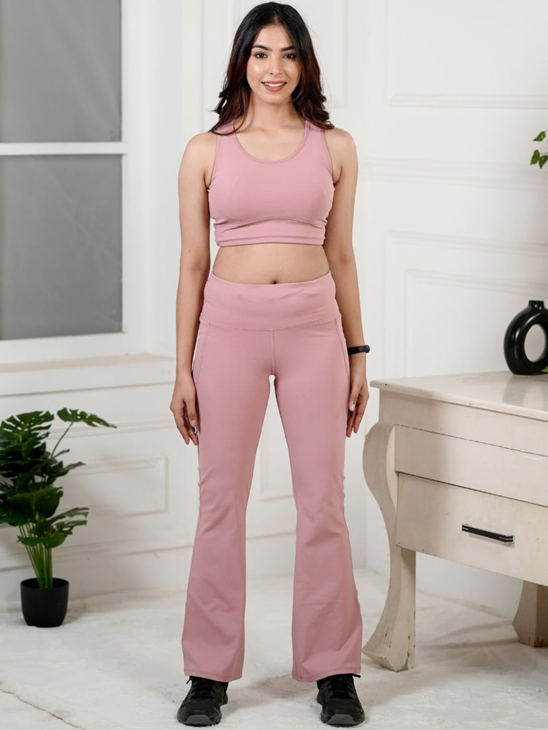 

Mlada Women Flared High-Rise Active Wear Gym Bootcut Trousers, Pink