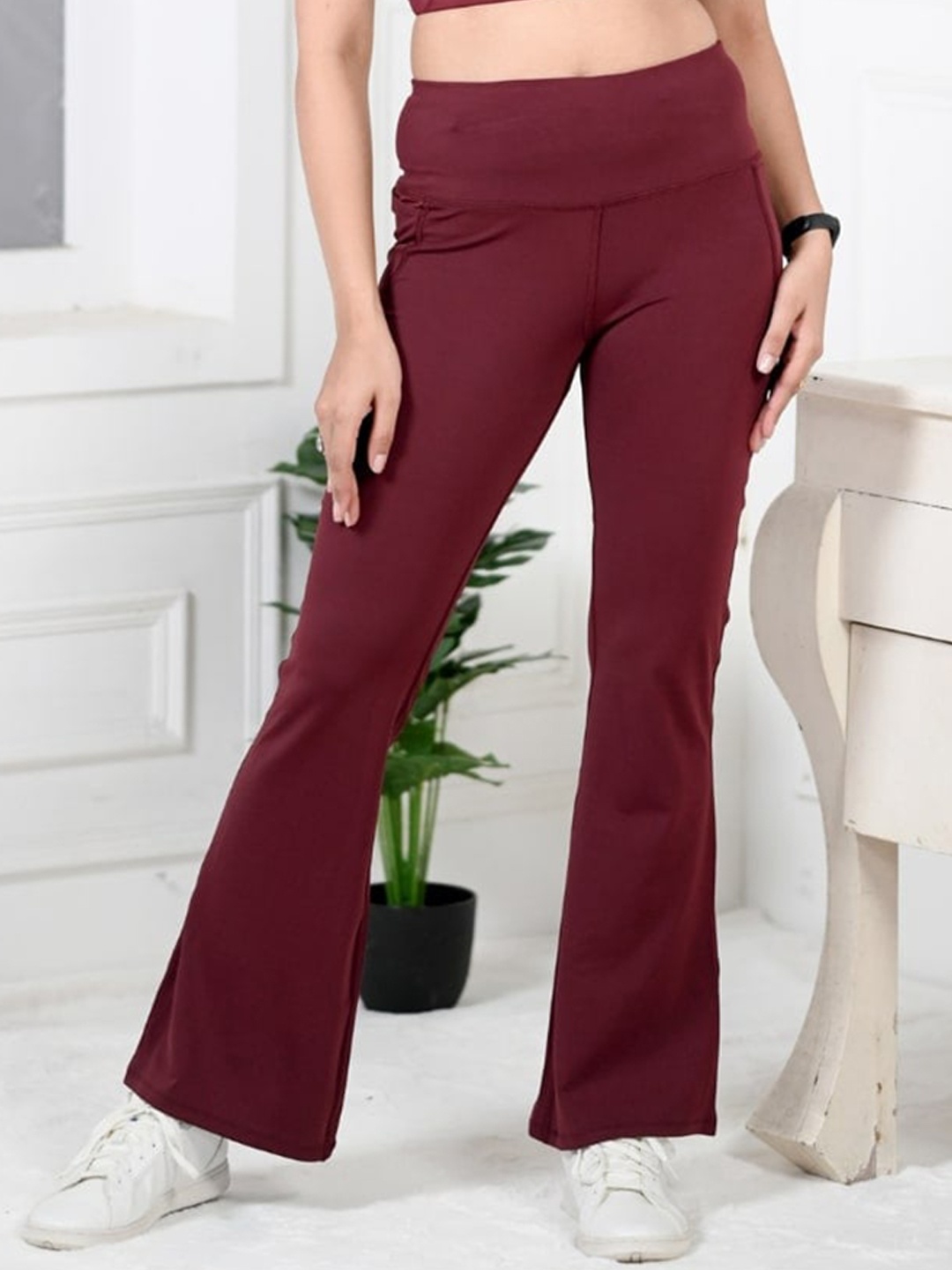 

Mlada Women Flared High-Rise Active Wear Gym Bootcut Trousers, Burgundy