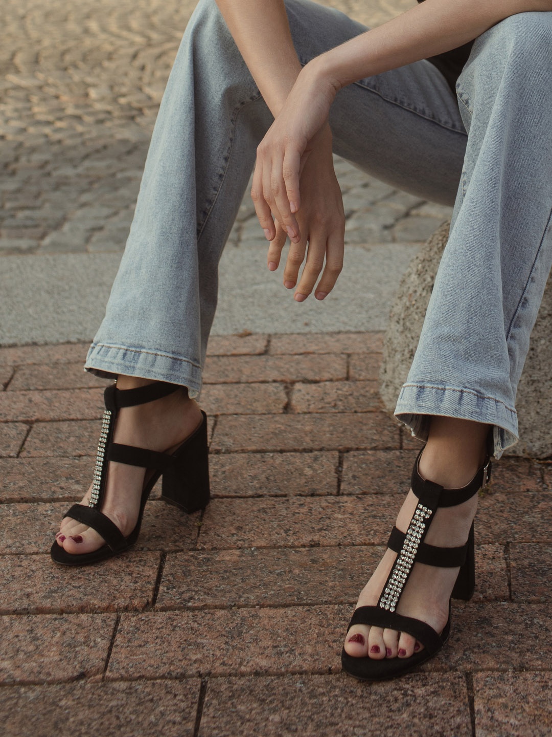 

Saint G Embellished Open Toe Leather Block Heels, Black