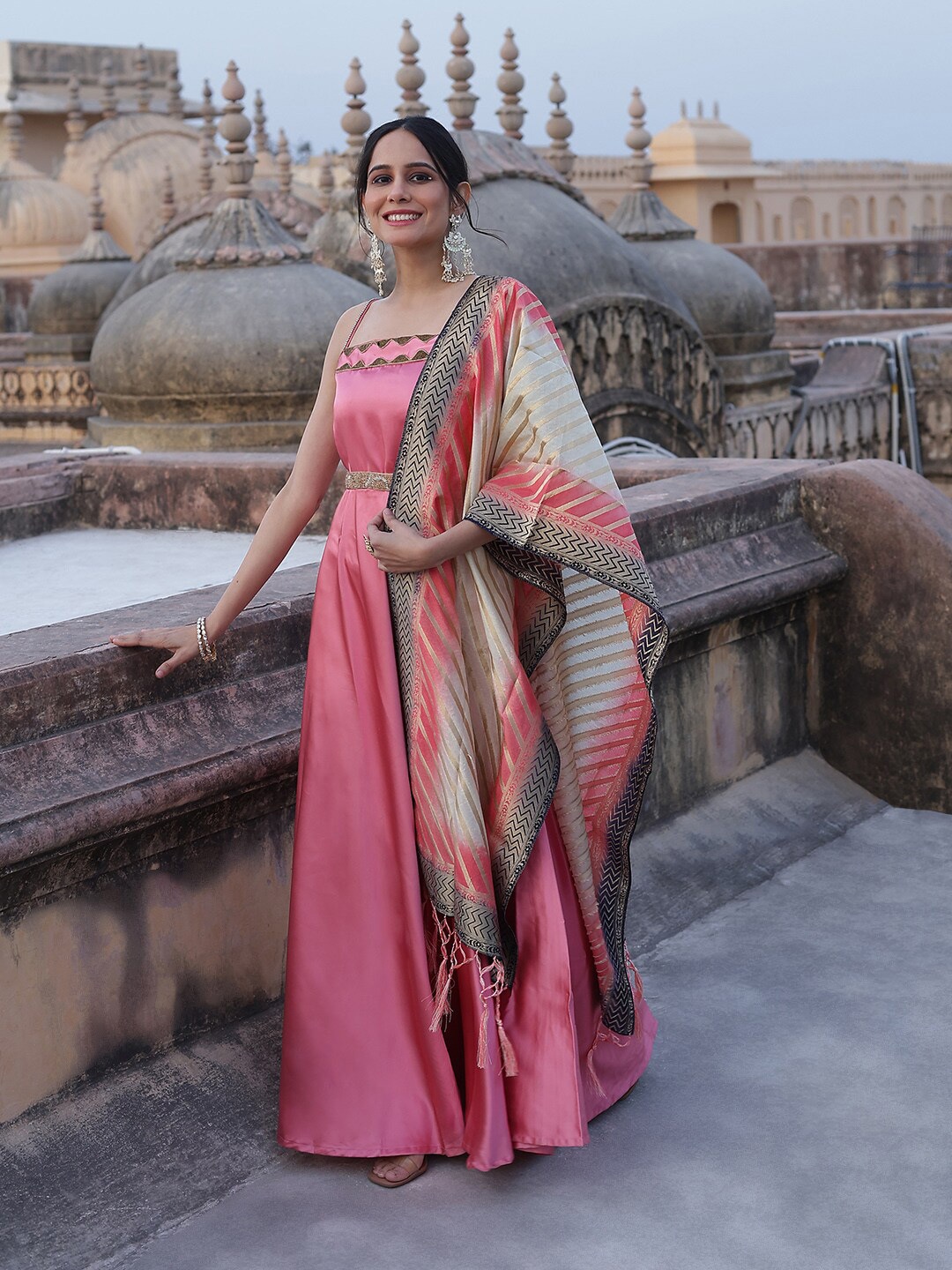 

AKS Sleeveless Satin Maxi Ethnic Dress With Belt & Dupatta, Pink