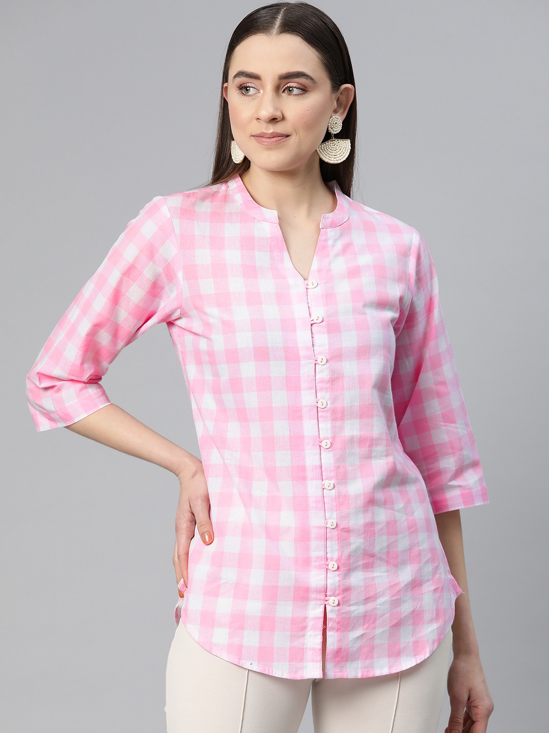 

Ayaany Checked Mandarin Collar Cotton Longline Top, Pink