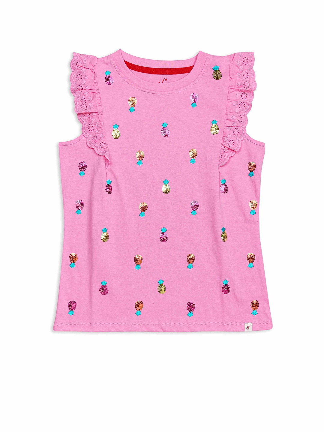 

H By Hamleys Girls Sequined Embellished Pure Cotton Top, Pink