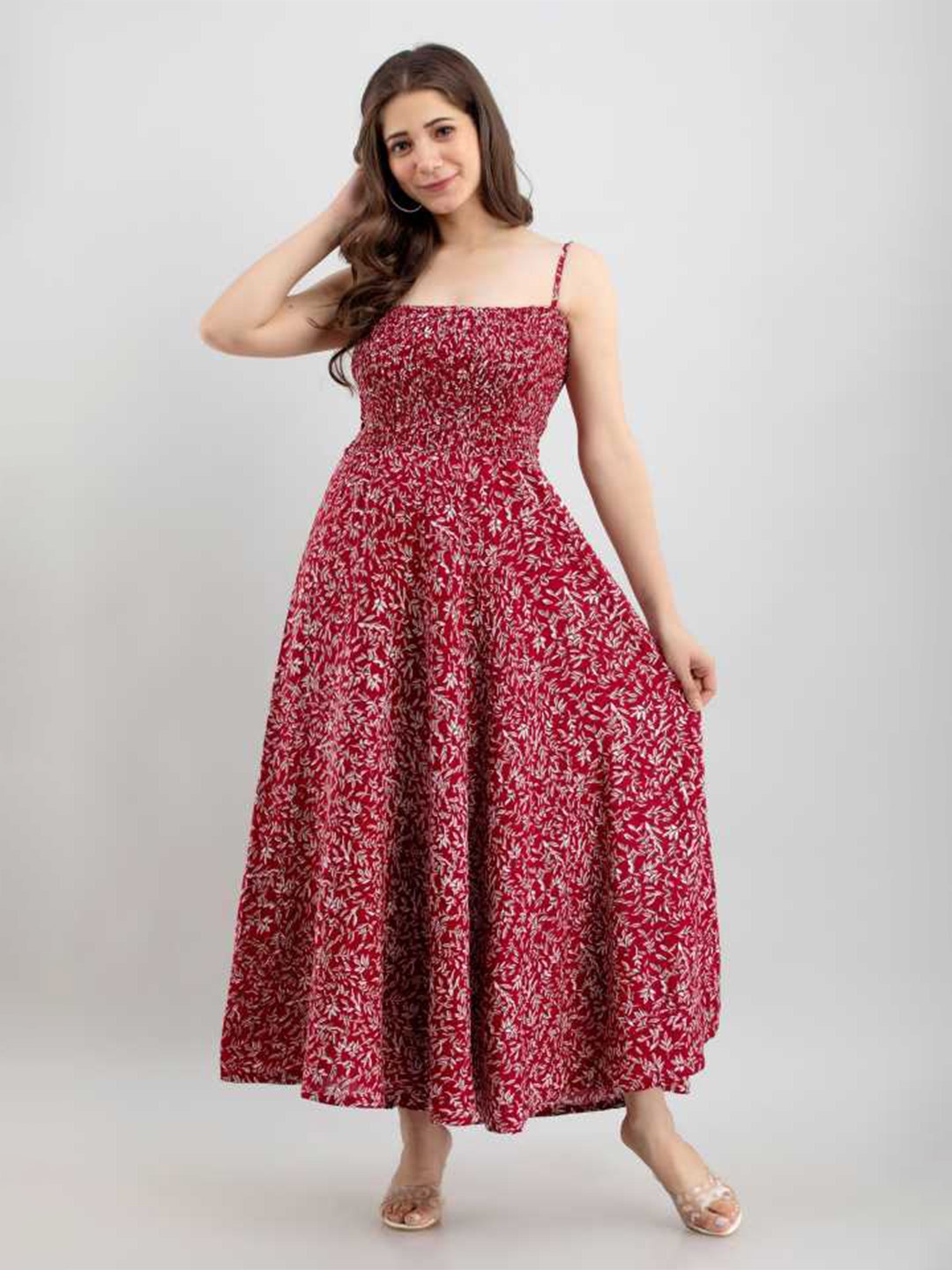 

Dress21 Floral Printed Shoulder Straps Fit & Flare Maxi Dress, Maroon