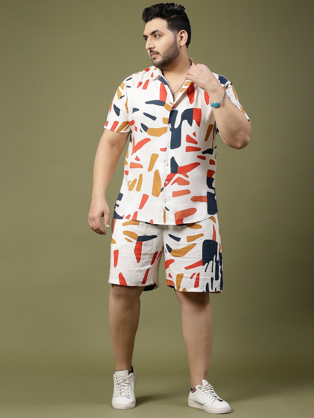 

Rigo Plus Size Abstract Printed Shirt & Shorts Co Ord Set, White