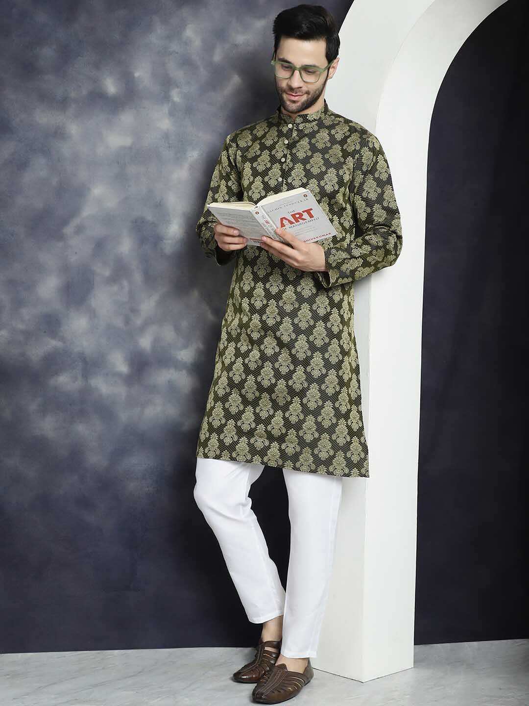 

Anouk Olive Green Ethnic Motifs Printed Mandarin Collar Regular Kurta With Pyjamas