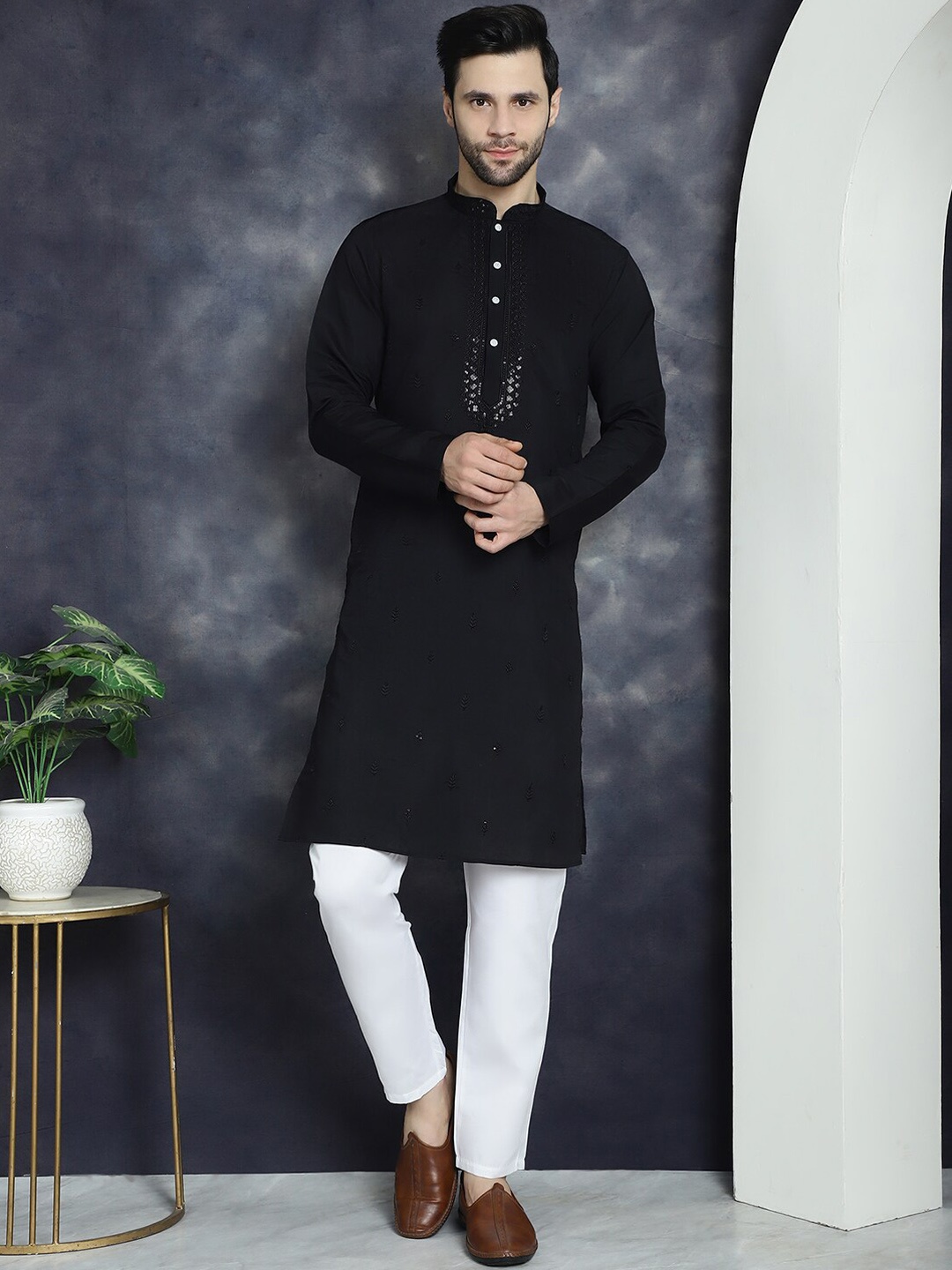 

Anouk Black Floral Embroidered Sequinned Mandarin Collar Kurta With Trousers