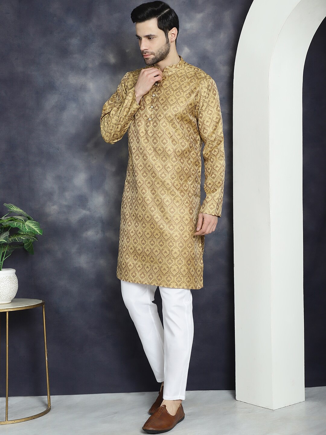 

Anouk Mustard Yellow Ethnic Motifs Woven Design Jacquard Mandarin Collar Kurta & Pyjamas