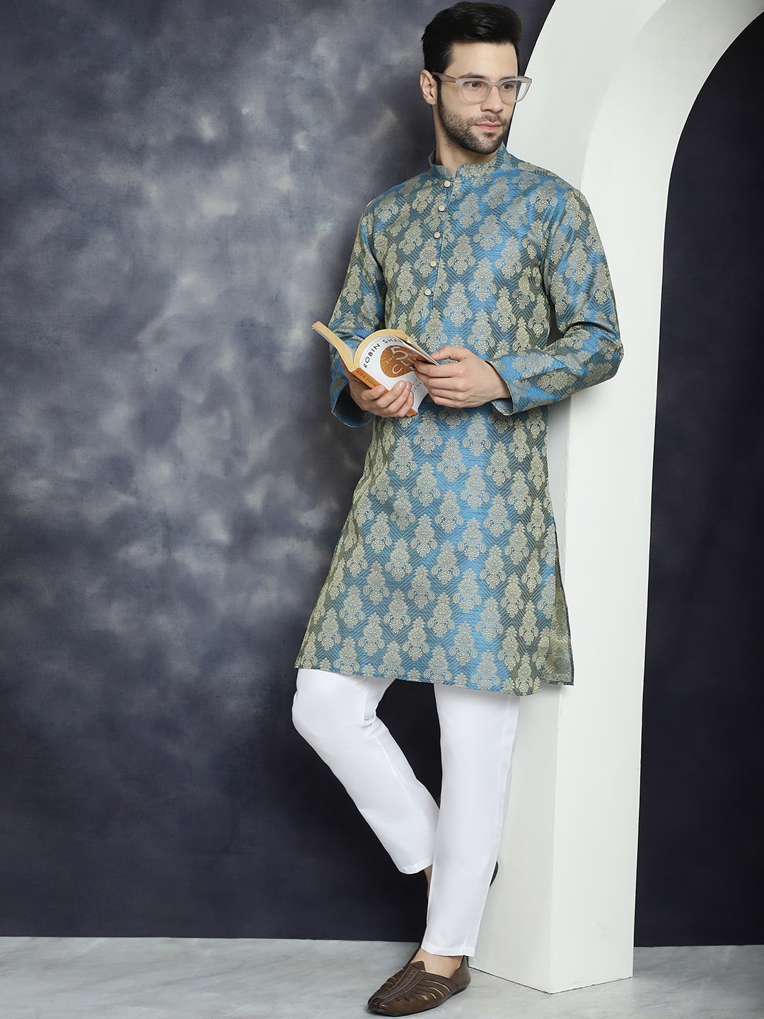 

Anouk Blue Ethnic Motifs Woven Design Mandarin Collar Jacquard Kurta With Trousers
