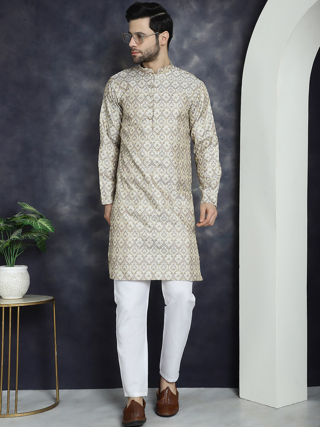 

Anouk Beige Ethnic Motifs Woven Design Jacquard Mandarin Collar Kurta With Pyjamas