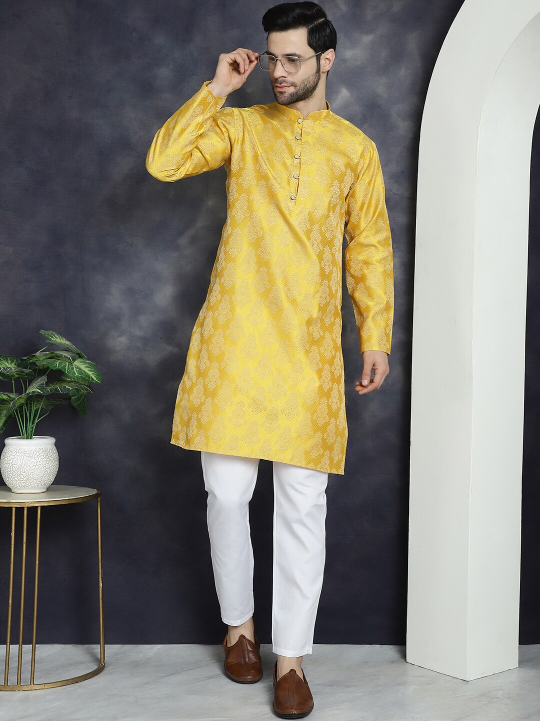

Anouk Yellow Ethnic Motifs Woven Design Mandarin Collar Jacquard Kurta With Trousers
