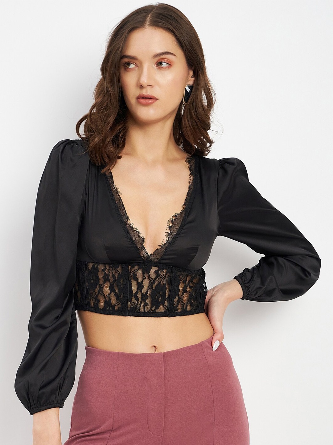 

DELAN V-Neck Lcae Detail Bralette Satin Crop Top, Black