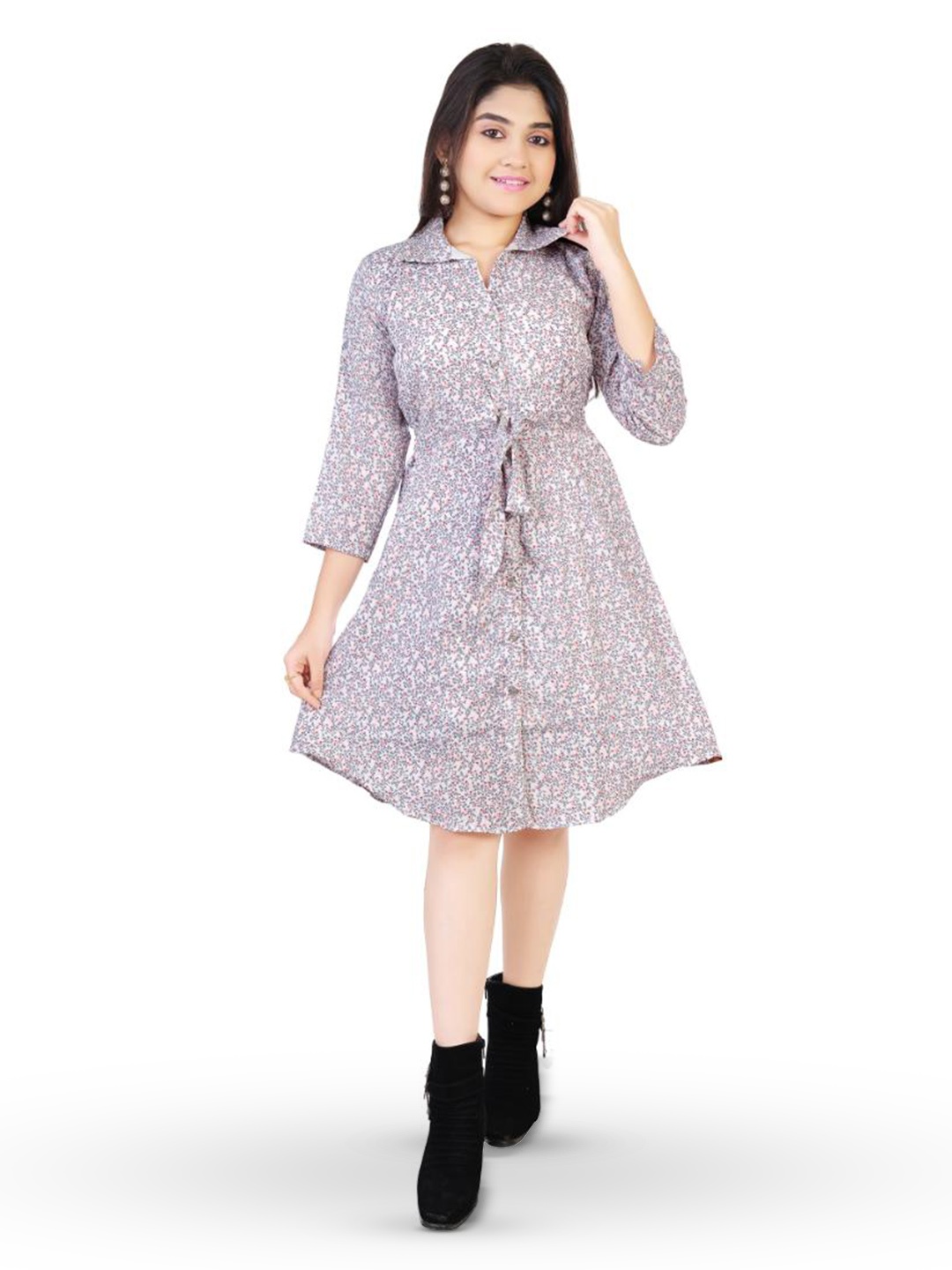 

BAESD Girls Floral Printed Shirt Collar Georgette Shirt Dress, Grey
