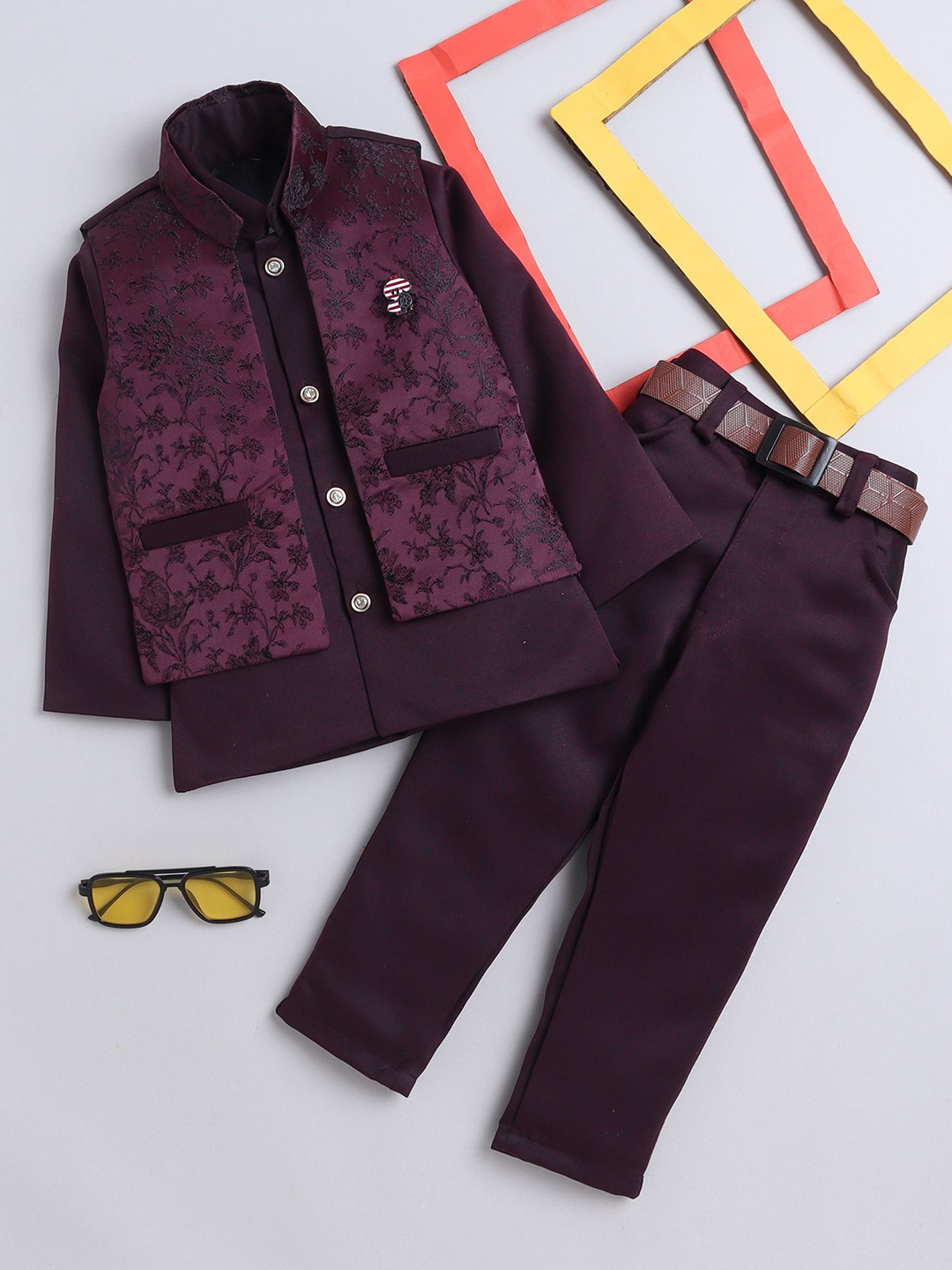 

FOURFOLDS Boys Bandhgala Two-Piece Suit, Maroon
