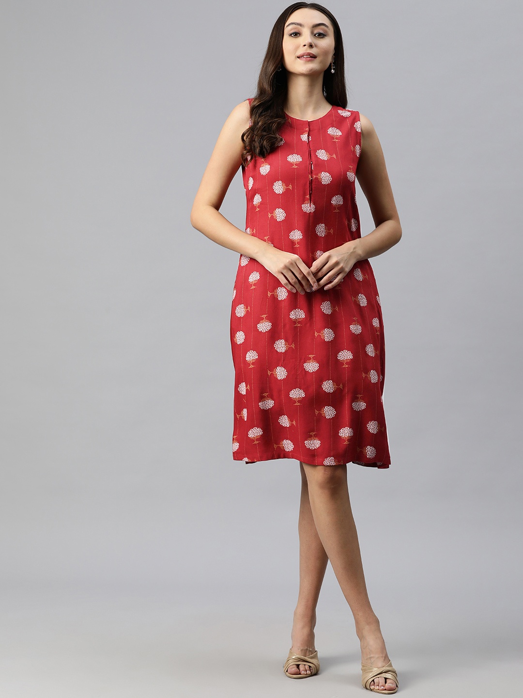 

Ayaany Floral Printed Pure Cotton A-Line Dress, Red