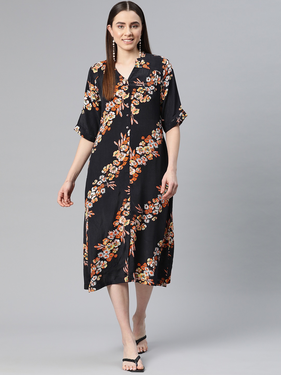 

Ayaany Floral Print A-Line Midi Dress, Black