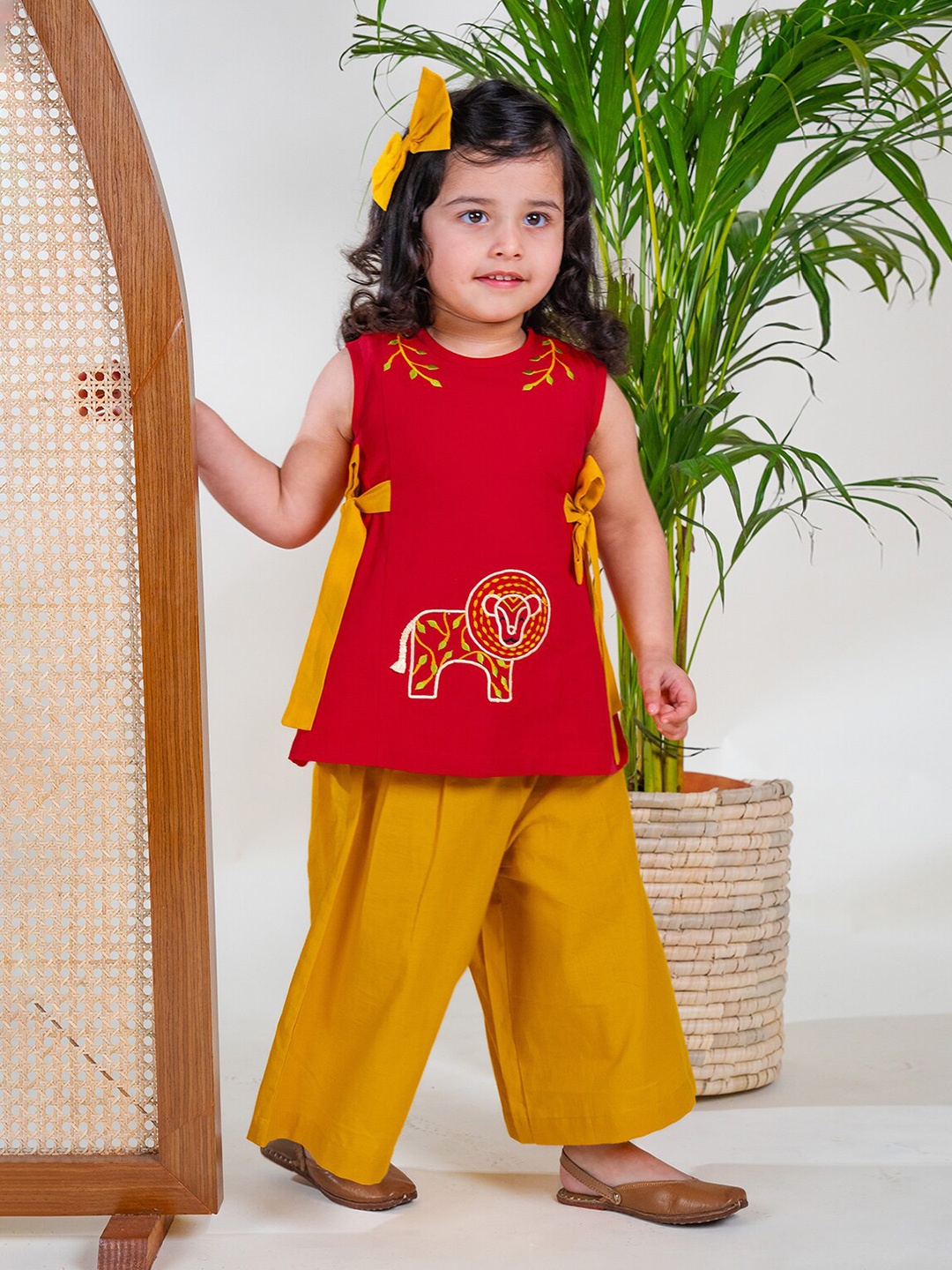 

Tiber Taber Girls Embroidered Pure Cotton Top with Palazzos, Red