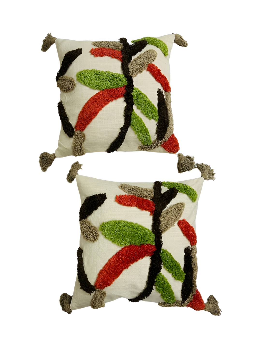 

GAB White & Green 2 Pieces Embroidered Cotton Square Cushion Covers