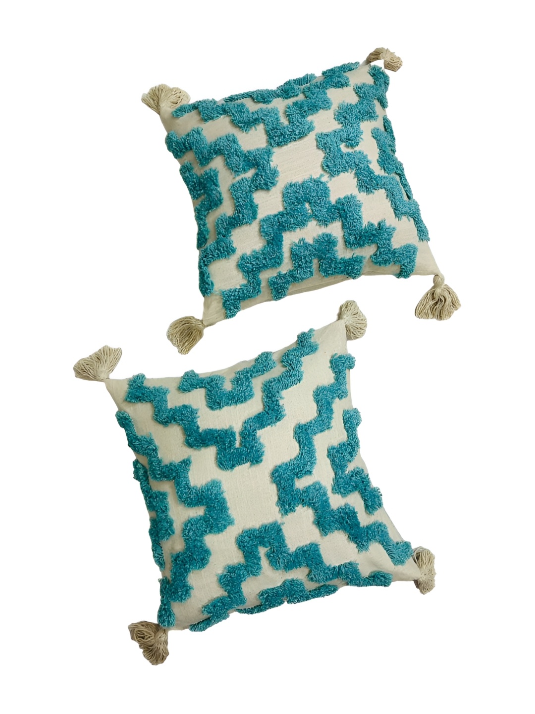 

GAB Blue & White 2 Pieces Geometric Embroidered Cotton Square Cushion Covers
