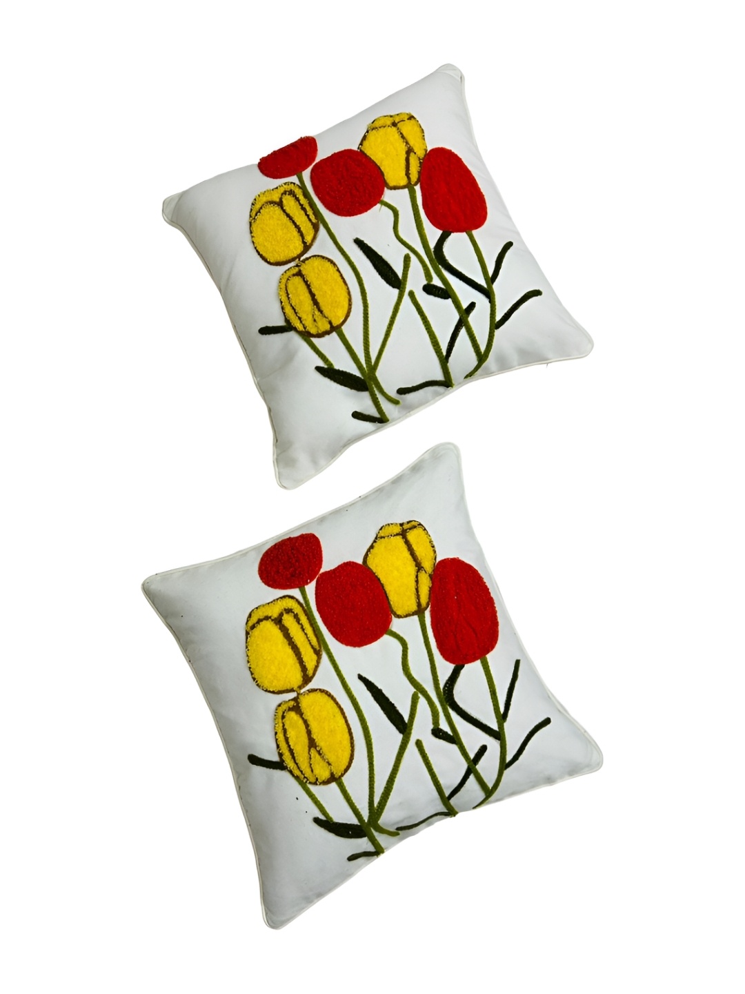 

GAB White & Red 2 Pieces Floral Embroidered Cotton Square Cushion Covers