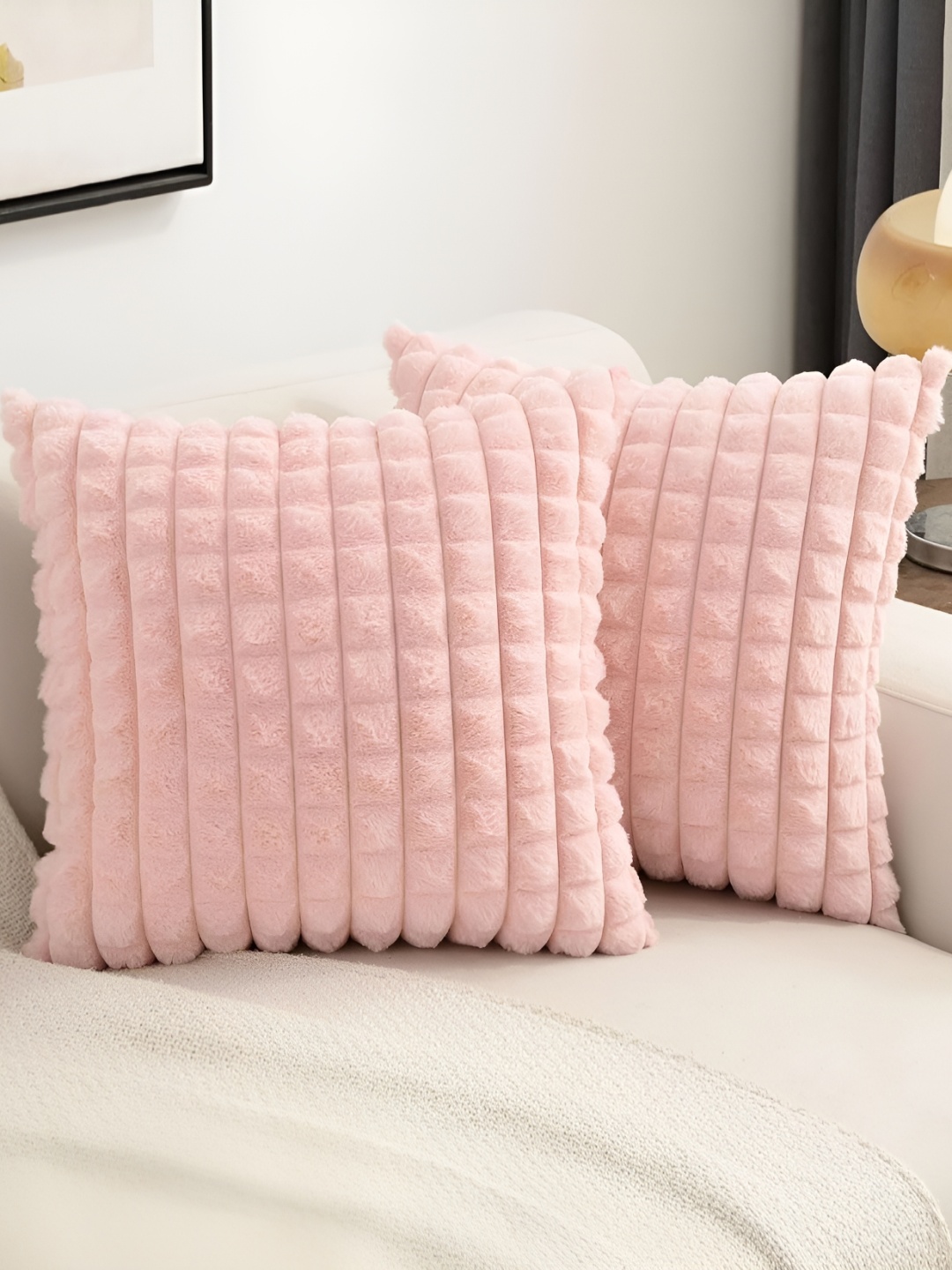 

MONKDECOR Pink 2 Pieces Checked Velvet Square Cushion Covers