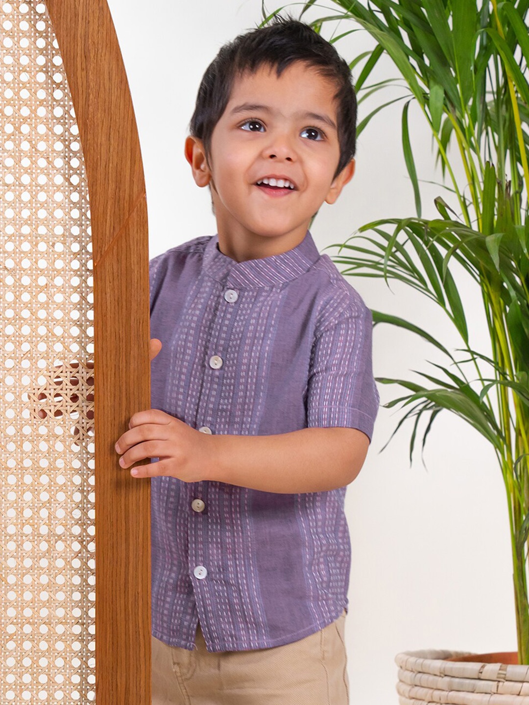 

Tiber Taber Boys Vertical Striped Mandarin Collar Pure Cotton Casual Shirt, Purple