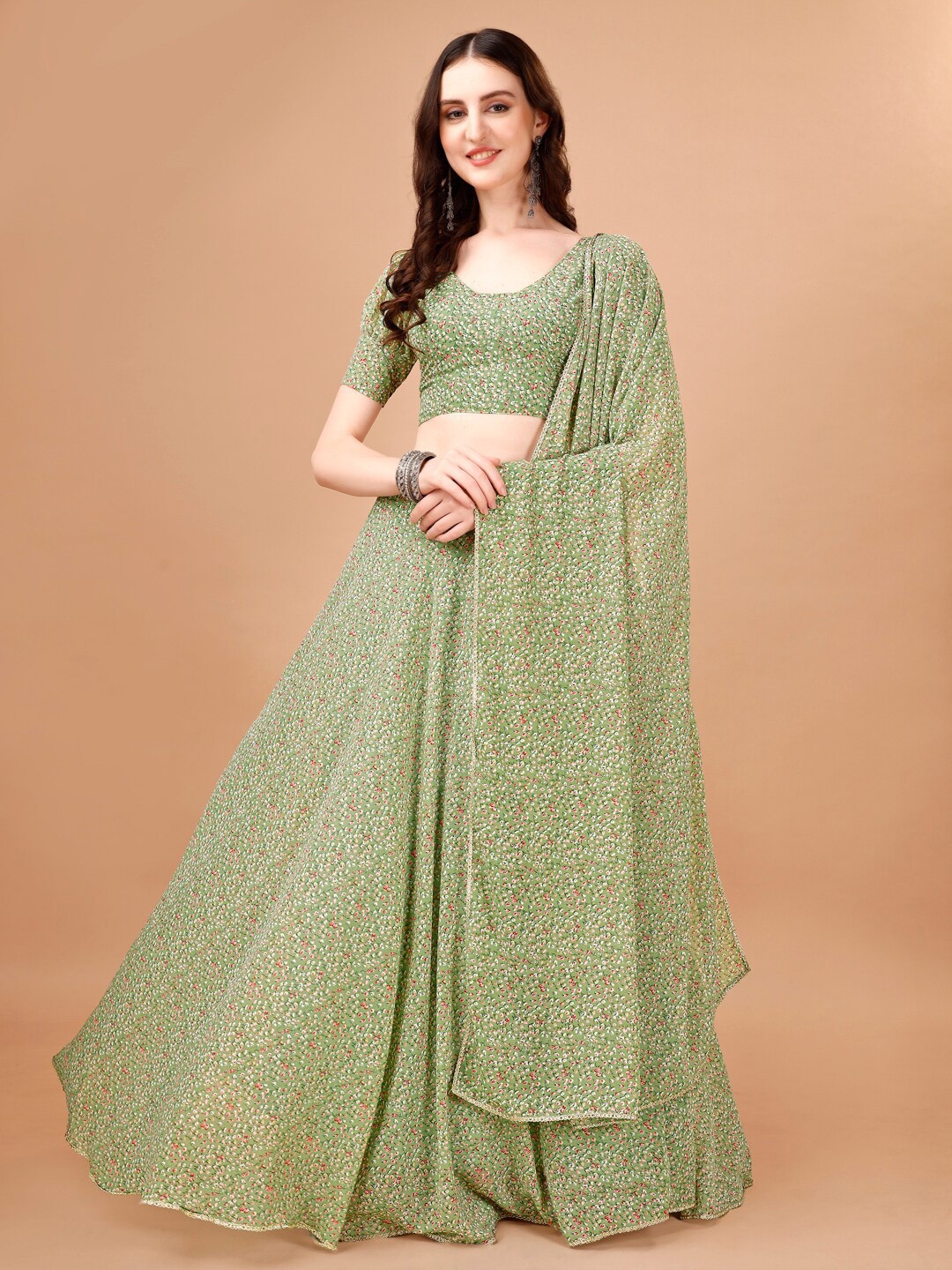 

PMD Fashion Printed Semi-Stitched Lehenga & Unstitched Blouse With Dupatta, Green
