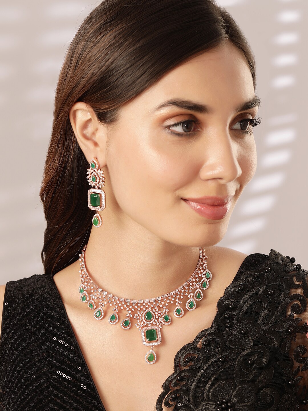 

Rubans 18K Rose Gold-Plated Emerald & AAA Cubic Zirconia Studded Premium Jewellery Set